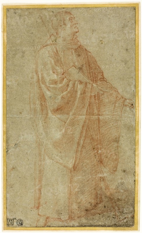 Standing Monk Holding a Book and Staff, c. 1590, Bartolomeo Cesi, Italian, 1556-1629, Italy, Red chalk heightened with white chalk, on blue laid paper, laid down on buff laid card, 319 x 188 mm (max.)