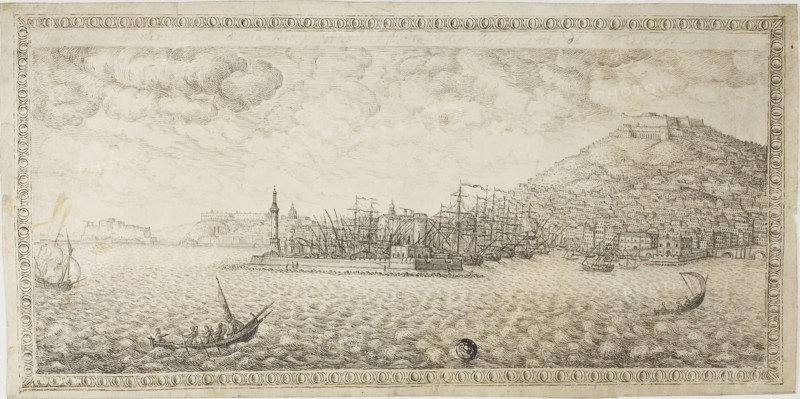 Harbor of Naples, n.d., Unknown Artist, Possibly Italian. n.d., Italy, Pen and black ink on vellum, 181 x 365 mm