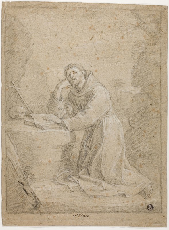 Saint Francis of Assisi, n.d., Unknown Artist, Italian, 17th century, Italy, Black chalk, heightened with white chalk, on brown laid paper, 340 x 255 mm