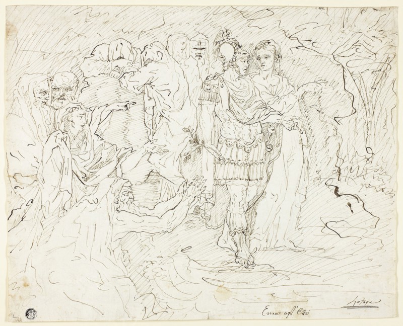 Aeneas in the Elysian Fields (recto), Sketches of Groups of Figures (verso), n.d., Raymond de Lafage, French, 1656-1690, France, Pen and brown ink, over traces of black chalk (recto) and graphite (verso) on ivory laid paper, 285 × 354 mm