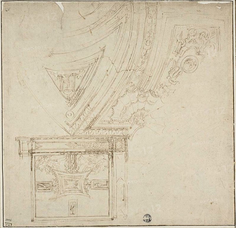 Ceiling Decoration with Grotesques, 1530s, Perino del Vaga, or circle of, Italian, 1501-1547, Italy, Pen and brown ink, with traces of black chalk, on cream laid paper, edge mounted to ivory laid paper, 264 x 272 mm (max.)