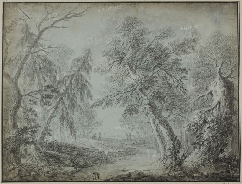 Forest with Stream and Figures, n.d., Possibly Jean Baptiste Pillement (French, 1719/28-1808), or Simon Mathurin Lantara (French, 1729-1778), France, Black chalk, with brush and black wash, on blue prepared ground on ivory paper, laid down on card, 225 × 297 mm