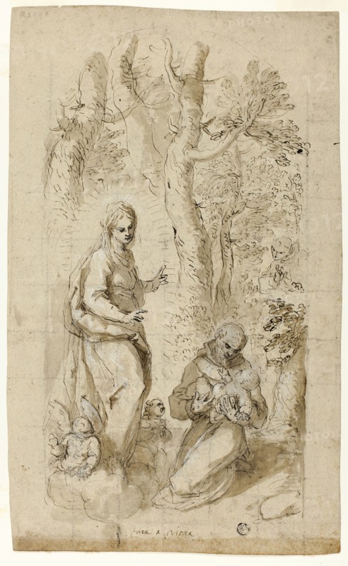 Vision of St. Francis of Assisi (recto), Saint Jerome, Vision of Saint Francis, and Two Small Sketches of St. Francis Holding the Christ Child (verso), c. 1618, Jacopo Negretti, called Palma il Giovane, Italian, c. 1548-1628, Italy, Pen and brown ink with brush and brown wash, heightened with lead white, over black chalk, on tan laid paper, squared in black chalk (recto), and pen and brown ink over black chalk on tan laid paper (verso), 409 x 250 mm (max.)