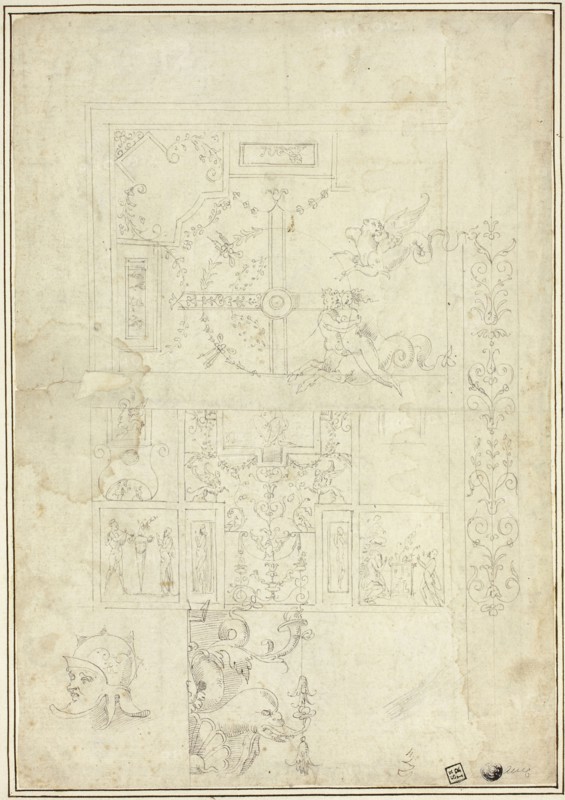 Ceiling Design, with Sketches of Ornamental Border, Helmeted Head (recto), Sketches of Ornamental Details (verso), n.d., School of Giovanni da Udine, called Giovanni dei Ricamatori (Italian, 1487-1561), or School of Perino del Vaga (Italian, 1500/01-1547), Italy, Pen and brown ink, with touches of graphite, on ivory laid paper, edge mounted on to ivory laid paper (recto), and pen and brown ink on ivory laid paper (verso), 390 x 273 mm