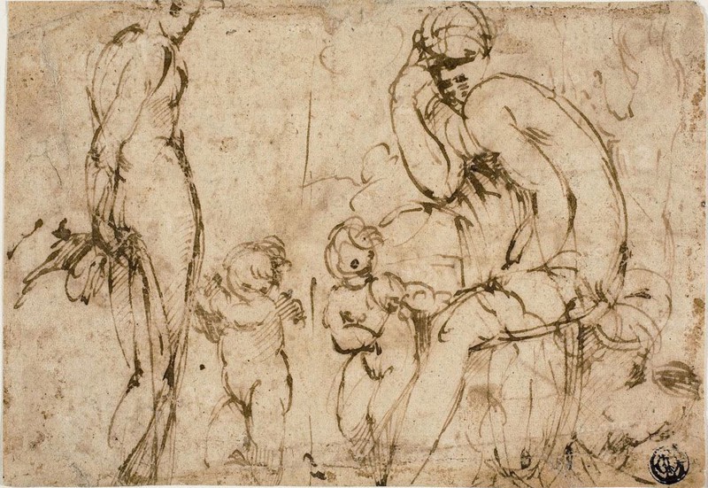 Venus and Mars with Putti (recto), Bearded Man Moving to Right (verso), c. 1550, Circle of Francesco Mazzola, called Parmigianino, Italian, 1503-1540, Italy, Pen and brown ink on cream laid paper (recto and verso), both laid down on ivory laid paper, 122 x 175 mm
