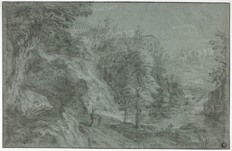 Italianate Landscape with Church on Cliff, n.d., Attributed to Gaspard Dughet, French, 1615-1675, France, Black chalk, heightened with traces of white chalk, on blue laid paper, laid down on cream laid paper, 272 × 420 mm