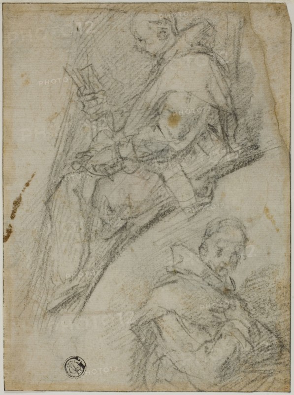 Two Studies of Carthusians (recto), Three Sketches of Heads of Carthusians (verso), 1591/92, Bernardino Barbatelli, called Poccetti, Italian, 1548-1612, Italy, Black chalk (recto and verso) on ivory laid paper, 173 x 128 mm