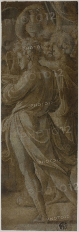 Fragment of a Composition: Attendants Bearing Flagons, n.d., Attributed to Biagio Pupini, called dalle Lame (Italian, active 1511-1551), or Giulio Romano (Italian, 1499-1546), Italy, Brush and brown wash with gray oil paint, over black chalk, on cream laid paper, 287 x 96 mm (max.)