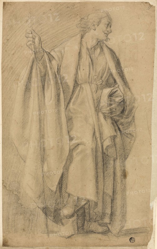 Standing Draped Male Figure, Holding Staff, n.d., Unknown Artist, French or Italian, possibly Florentine, 17th century, France, Black chalk, heightened with white chalk, on tan laid paper, tipped on ivory laid paper, 421 × 261 mm