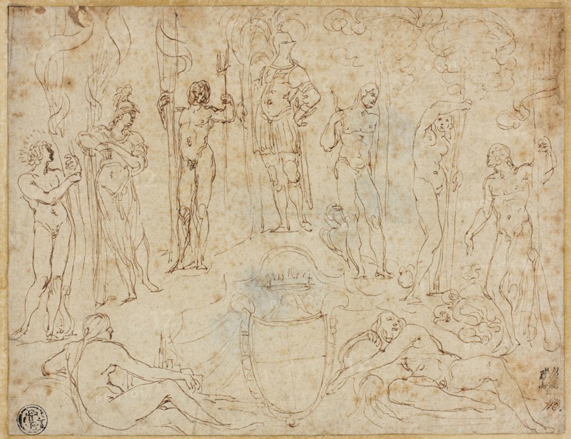Study for a Thesis Conclusion Presented to the Duke of Mantua, 1616/19, Ludovico Carracci, Italian, 1555-1619, Italy, Pen and brown ink, on buff laid paper, laid down on cream laid paper, 145 x 189 mm