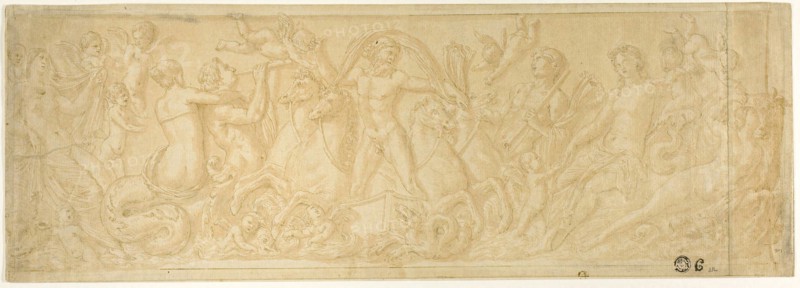 Chariot of Neptune Surrounded by Tritons, Nymphs, and Putti, n.d., Style of Pierre Brebiette, French, 1598-c. 1650, France, Pen and brown ink, with brush and brown wash, on cream laid paper, pieced together, 162 × 463 mm