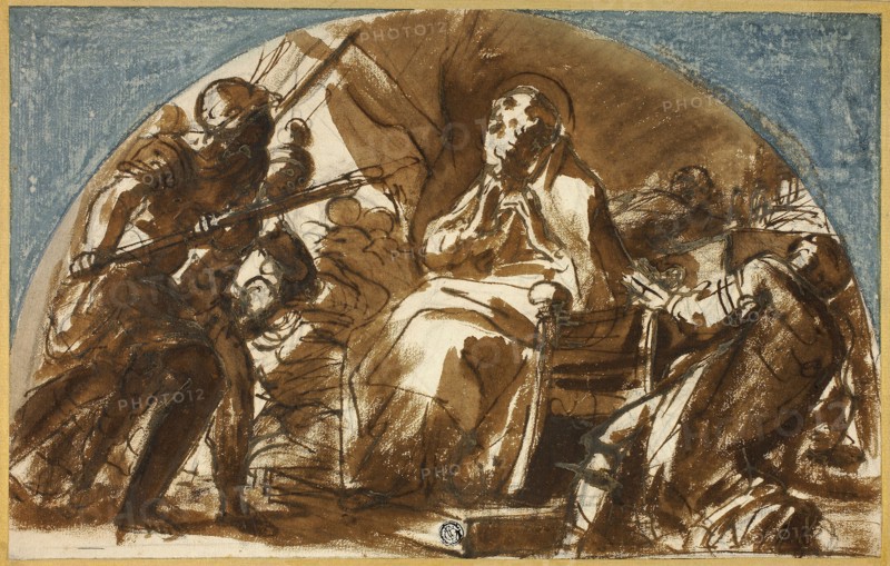 Martyrdom of a Saint, n.d., Attributed to Jacopo Cavedone (Italian, 1577-1660), or Marco Marcola (Italian, c. 1740-1793), or Luca Giordano (Italian, 1632-1705), or a follower of Baldassare Franceschini (Italian, 1611-1689), Italy, Pen and brown ink with brush and brown wash, and blue gouache, heightened with beige gouache, over black chalk, on ivory laid paper, laid down on ivory laid paper, 229 x 363 mm