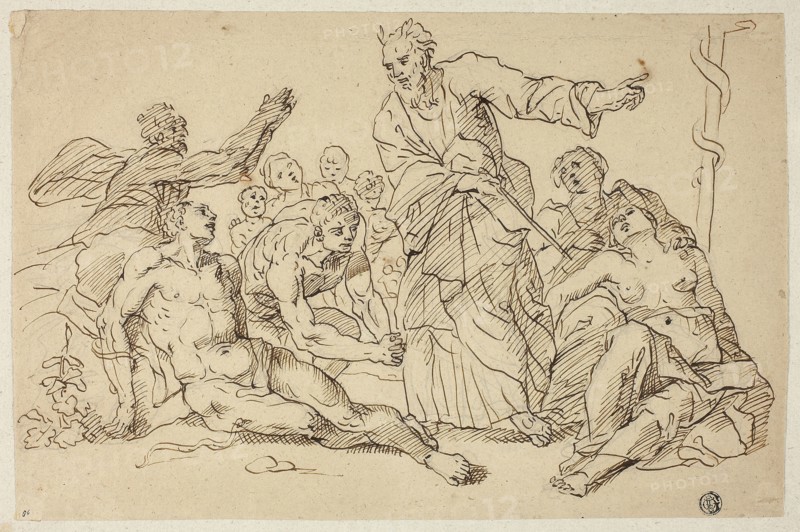 Moses and the Brazen Serpent, n.d., Unknown Artist, Possibly Italian, n.d., Italy, Pen and brown ink, over graphite, on tan laid paper, tipped onto gray laid paper, 212 x 325 mm