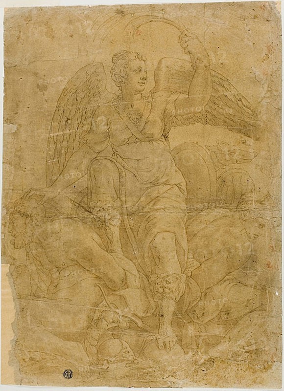 Allegory of Victory with Two Captives, n.d., Follower of Giorgio Vasari, Italian, 1511-1574, Italy, Pen and black ink, with brush and brown wash, on tan laid paper, 319 x 285 mm (max.)
