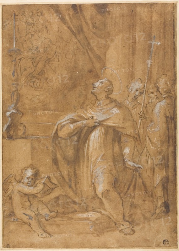 San Carlo Borromeo Adoring an Image of the Birth of the Virgin, 1684/87, Sigismondo Caula, Italian, 1637-1724, Italy, Brush and brown ink and wash, with black chalk, heightened with lead white (partly discolored), on brown laid paper, laid down on card, 422 x 300 mm