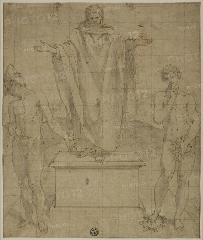 Study for Allegory of Faith and Silence, 1500/95, Bartolomeo Cesi (Italian, 1556-1629), or School of Perino del Vaga (Italian, 1500/01-1547), Italy, Pen and black ink with brush and gray wash, with traces of red chalk, on tan laid paper, squared in black chalk, laid down on ivory wove card, 268 x 225 mm