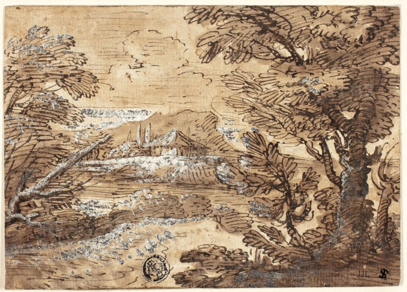 Landscape with House in Distance, n.d., Possibly Ferdinand Kobell, German, 1740-1799, Germany, Pen and brown ink with brush and brown wash, heightened with lead white (discolored), on ivory laid paper, laid down on card, 103 x 145 mm