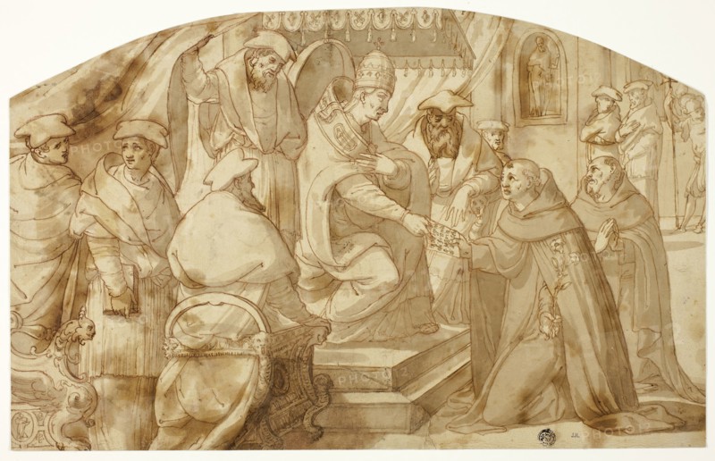 Pope Granting Saint Anthony of Padua a Bull of Indulgence, n.d., Circle of Paolo Farinato, Italian,  1524-c.1606, Italy, Pen and brown ink with brush and brown wash, over red chalk, on ivory laid paper, laid down on cream wove paper, 253 x 400 mm (max.)