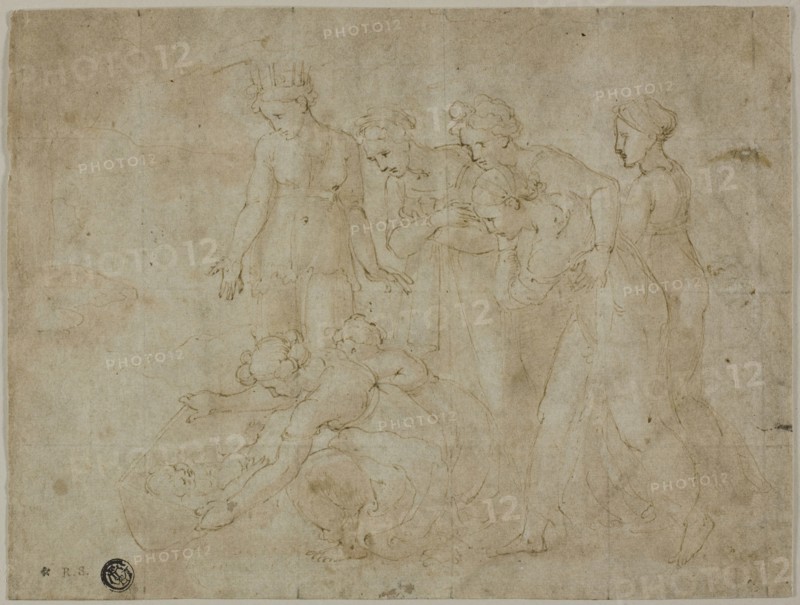 Finding of Moses, 1518/19, After Giovanni Francesco Penni  (Italian, c.1496-c.1528), or Workshop of Raffaello Sanzio, called Raphael (Italian, 1483-1520), Italy, Pen and brown ink with brush and pale brown wash, on buff laid paper, squared in black chalk, 183 x 243 mm