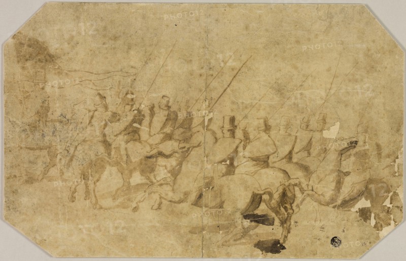 A Company of Horsemen, c. 1510, After Battista Franco, called Il Semolei (Italian, c. 1510-1561), or School of Raphael (Italian, 1483-1520), Italy, Brush and brown ink and wash, on tan laid paper, laid down on ivory board, 239 x 374 mm (max.)