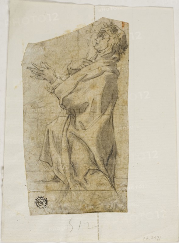 Kneeling Female Saint in Profile, n.d., Attributed to Lazzaro Tavarone (talian, 1556-1641), or Andrea Lilio (talian, 1555-1642), or Circle of Francesco Vanni (Italian, 1563-1610), Italy, Charcoal with brush and gray wash on ivory laid paper, laid down on ivory laid paper, 151 x 83 mm