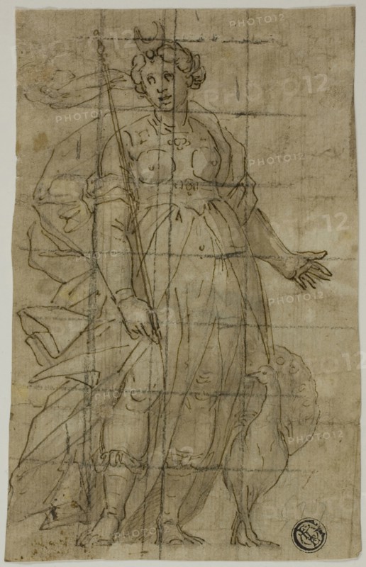 Study for Juno (or Diana) with a Peacock, 1584/85, Luca Cambiaso, Italian, 1527-1585, or Lazzaro Tavarone, Italian, 1556-1641, or Bernardo Castello, Italian,1557-1629, Italy, Pen and brown ink with brush and brown wash, on ivory laid paper, squared in black chalk, 161 x 114 mm