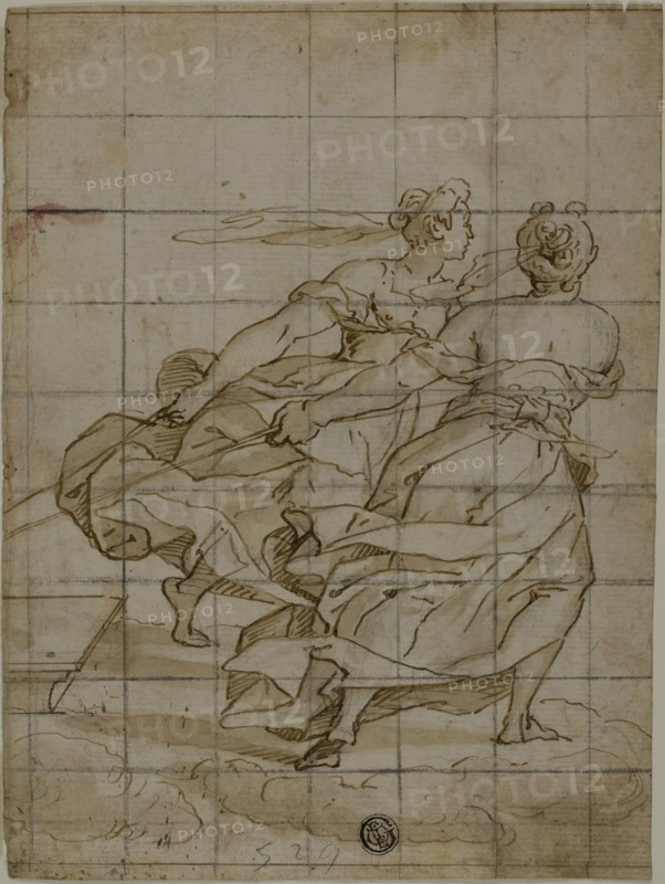Two Women on Clouds, Pulling a Load, 1614/24, Circle of Bernardo Castello (Italian, Lazzaro Tavarone (Italian, 1556-1641), Italy, Pen and brown ink with brush and brown wash, with traces of black chalk, on ivory laid paper, squared in black chalk, 218 x 163 mm