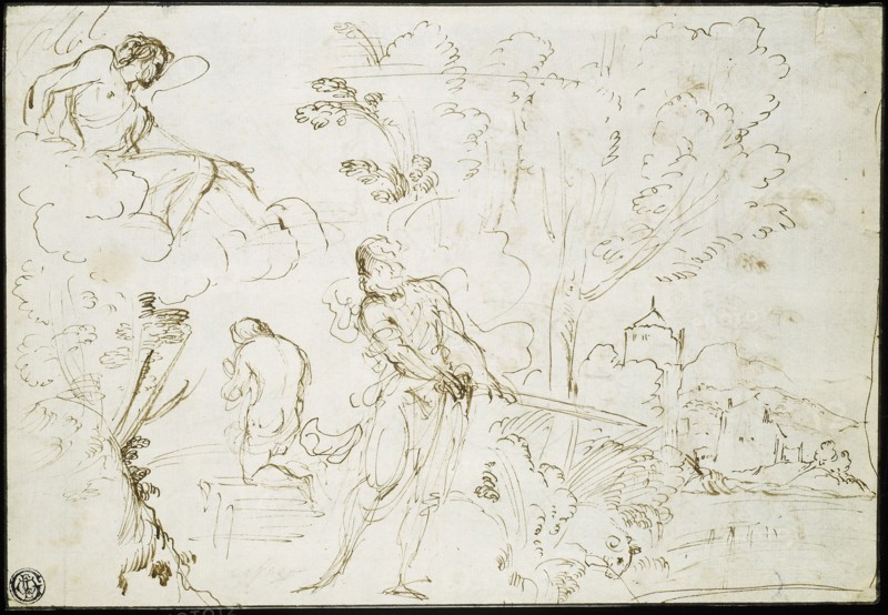 Sacrifice of Isaac (recto), Jacob’s Dream (verso), 1613/20, Giovanni Francesco Barbieri, called Guercino, Italian, 1591-1666, Italy, Pen and brown ink on ivory laid paper, 173 x 255 mm
