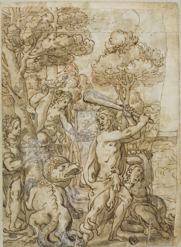 Hercules Slaying the Serpent Ladon in the Garden of the Hesperides, n.d., Andrea Lilio (Italian, 1555-1642), or Lazzaro Tavarone (Italian, 1556-1641), or Style of Pietro da Cortona (Italian, 1596-1669), Italy, Pen and brown ink with brush and brown wash, heightened with lead white (discolored), over red chalk, on ivory laid paper, laid down on ivory laid paper, laid down on blue laid paper, 246 x 180 mm