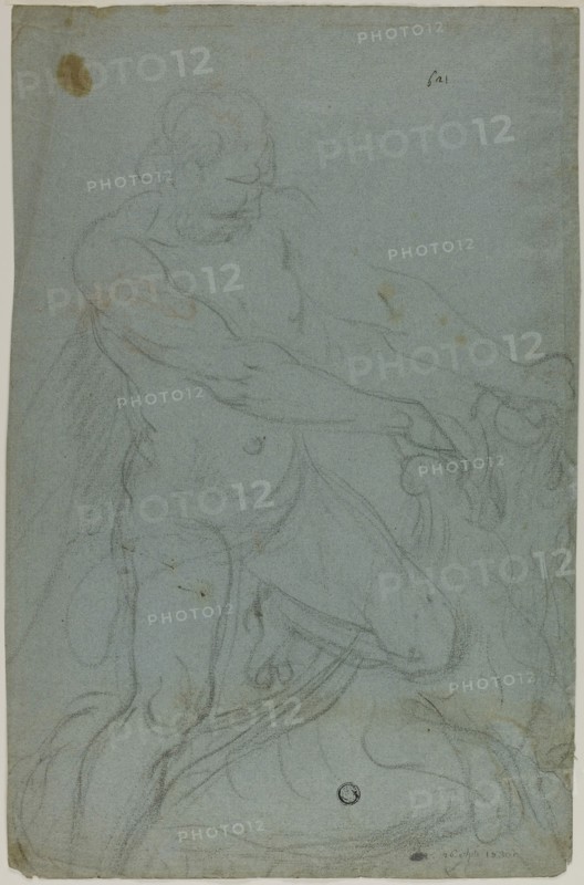Samson and the Lion (recto), Virgin Mary with Right Arm Extended (verso), n.d., Probably Domenico Fiasella (Italian, 1589-1669), or possibly Lodovico Carracci (Italian, 1555-1619), or possibly a follower of Cesare Dandini (Italian 1596-1657), Italy, Black chalk (recto), and black chalk heightened with touches of white chalk (verso), on blue laid paper, 394 x 256 mm