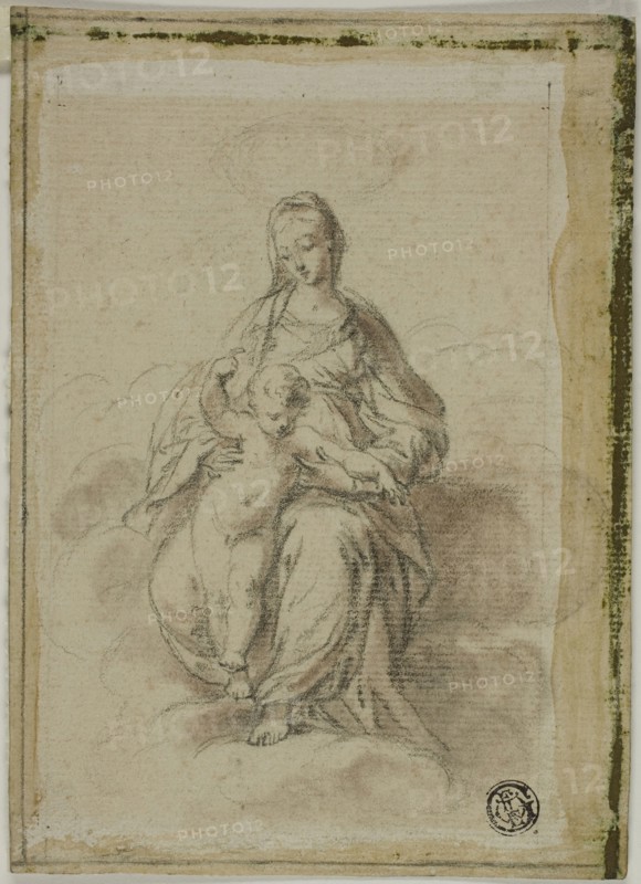 Virgin and Child Seated on Clouds, n.d., Attributed to Count Antonio Maria Zanetti the Elder (Italian, 1679/80–1767), or after Francesco Mazzola, called Il Parmigianino (Italian, 1503-1540), Italy, Black chalk with brush and brown wash, on ivory laid paper, partially laid down on blue wove paper, 159 x 114 mm