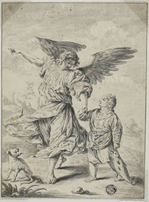 Tobias and the Angel, n.d., After Tiziano Vecellio, called Titian, Italian, c. 1488-1576, Italy, Pen and black ink, with brush and gray wash, on ivory laid paper, 181 x 135 mm