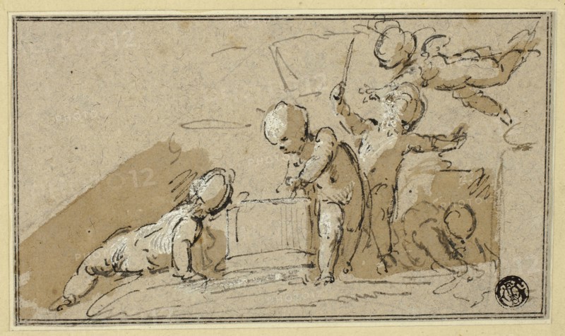 Five Putti at Play, n.d., Jacob de Wit, Dutch, 1695-1754, Holland, Pen and brown ink with brush and brown wash, heightened with lead white (partly discolored), on buff laid paper, tipped onto cream laid paper, 95 x 164 mm