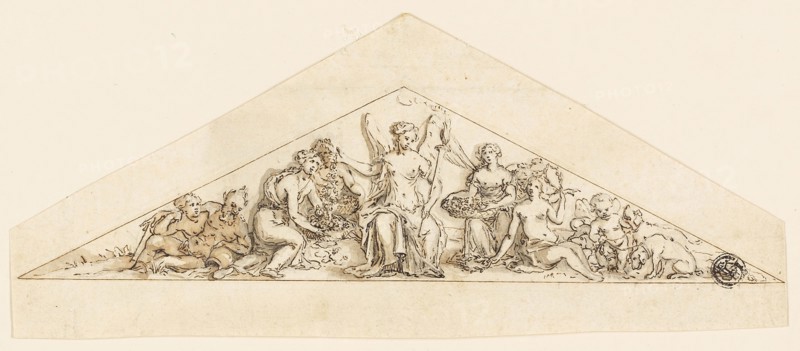 Pedimental Design for a Wren Building, 1741/86, Grinling Gibbons, English, 1648-1721, England, Pen and brown ink with brush and gray wash, over traces of graphite, on cream laid paper, 95 × 226 mm