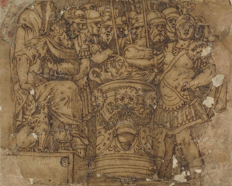 Mucius Scaevola Putting His Hand in the Flame before Porsenna, n.d., After Polidoro Caldara, called Polidoro da Caravaggio, Italian, c. 1499-c. 1543, Italy, Pen and brown ink with brush and brown wash, on brown laid paper, laid down on tan laid paper, 178 x 215 mm
