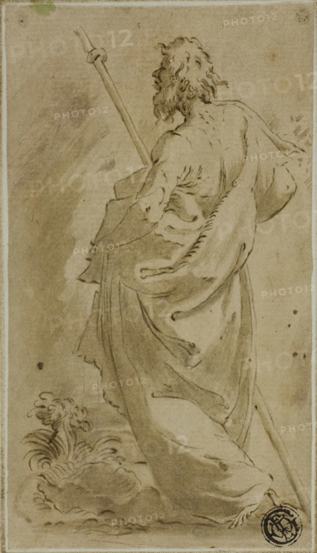 Saint James Major, n.d., After Francesco Mazzola, called Parmigianino, Italian, 1503-1540, Italy, Pen and brown ink with brush and brown wash, over traces of graphite, on buff laid paper, laid down on ivory laid card, 137 x 78 mm