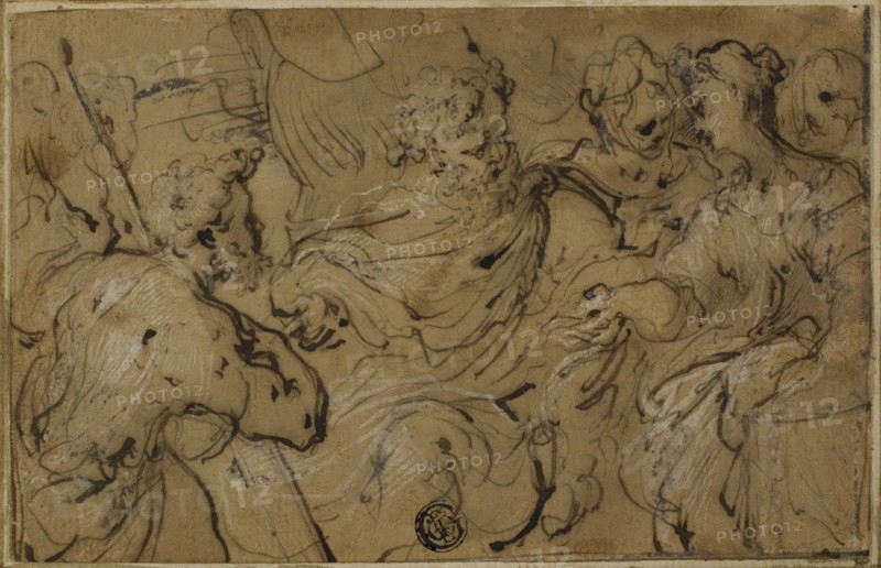 Esther before Ahasuerus or Solomon and Sheba with Cross from Wood of Adam’s Tomb, 1590/1600, Follower of Francesco Mazzola, called Parmigianino, Italian, 1503-1540, Italy, Pen and brush and brown ink, heightened with lead white (partly oxidized), on tan laid paper, laid down on cream laid paper, 110 x 171 mm
