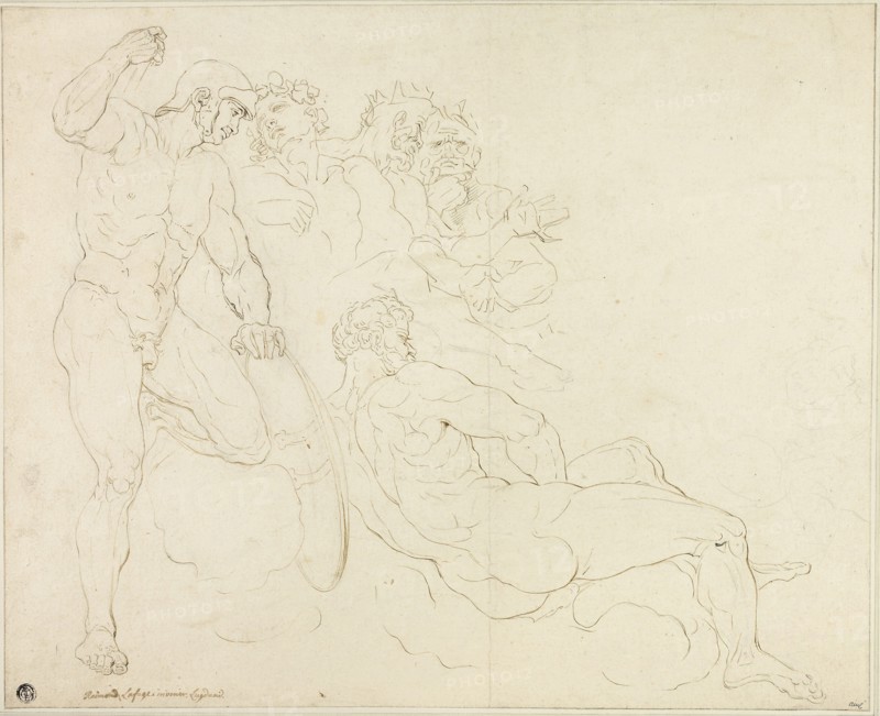 Sketches of Six Classical Figures, n.d., Possibly Raymond de Lafage, French, 1656-1690, France, Pen and brown ink, over graphite, on cream laid paper, laid down on ivory laid paper, 364 × 450 mm