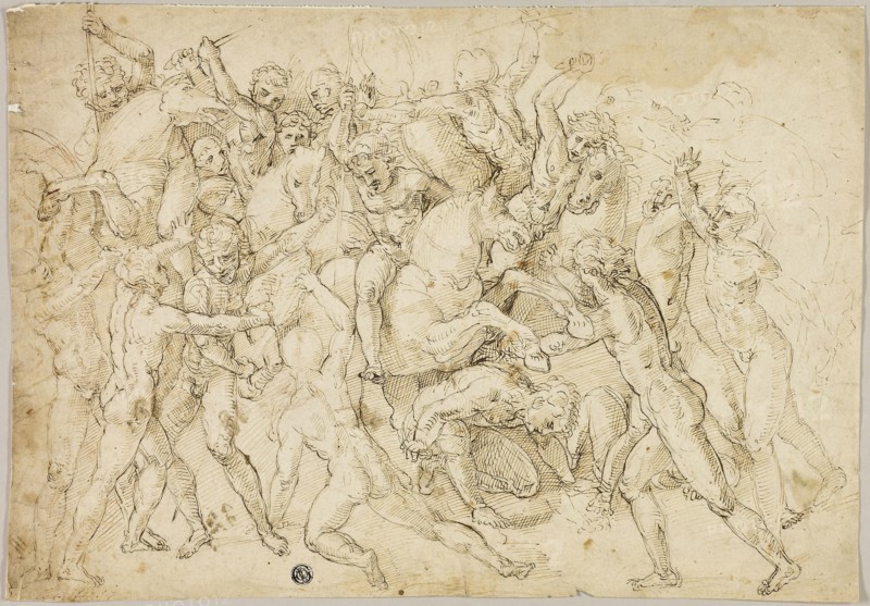 Battle between Cavalry and Foot Soldiers, late 16th century, After Girolamo Genga, Italian, c. 1476-1551, Italy, Pen and brown ink, over traces of graphite, on ivory laid paper, 278 x 397 mm