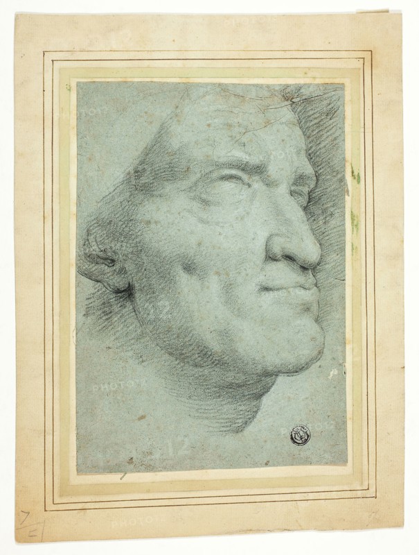 Bust of Roman Emperor, n.d., Style of Anton Raffael Mengs, German, 1728-1779, Germany, Black chalk, with touches of white chalk, on blue laid paper, tipped onto tan laid paper, 188 x 133 mm