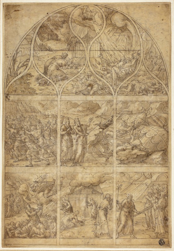 Design for a Stained Glass Window with the Story of Aaron, n.d., Jean Cousin, the younger, French, c. 1522-1594, France, Pen and brown ink and brush and brown wash, on tan laid paper, laid down on cream laid paper, 382 × 262 mm