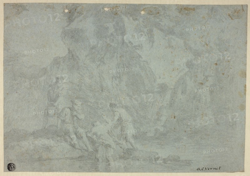 Rocky Landscape with Figures, n.d., After Gaspard Dughet, French, 1615-1675, France, Black chalk counterproof, heightened with white chalk, on blue wove paper, tipped onto cream wood-pulp laminate board, 209 × 301 mm
