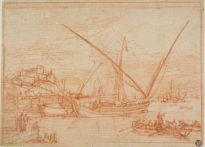 View of a Port: Ships in a Harbor, 1753, Adrien Manglard, French, 1695-1760, France, Red chalk on buff laid paper, 236 × 327 mm