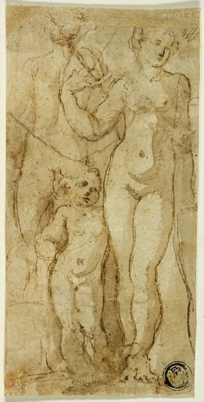 Venus and Cupid, n.d., Circle of Francesco Mazzola, called Parmigianino, Italian, 1503-1540, Italy, Pen and brown ink with brush and pale brown wash, on buff laid paper, partially laid down on tan laid paper, tipped onto ivory laid paper, 137 x 69 mm (max.)