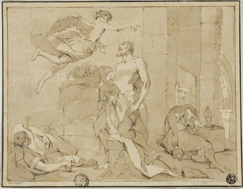 Saint Paul Rescued from Prison by an Angel, n.d., Unknown Artist, Italian, 18th century, Italy, Pen and brown ink, with brush and brown wash, over traces of black chalk, on cream laid paper, laid down on ivory wove paper, 181 x 235 mm