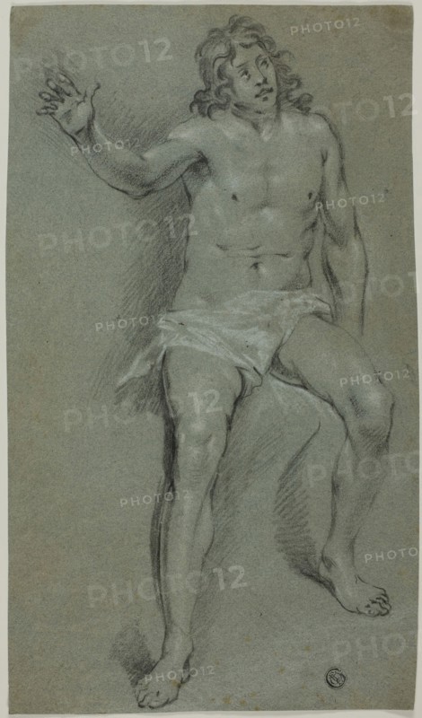 Seated Male Nude (recto), Sketches of Hand and Boy’d Head (verso), n.d., School of Rembrandt van Rijn (Dutch, 1606-1669), or possibly Jacob Adriaenzoon de Backer (Dutch, 1608-1651), or Matthäus Merian, the Younger (Swiss, 1621-1687), or in the Style of Govert Flinck (Dutch, 1615-1660), Holland, Black chalk, with touches of black crayon,  heightened with white chalk (recto), and black chalk heightened with white chalk (verso), on blue laid paper, 321 x 186 mm