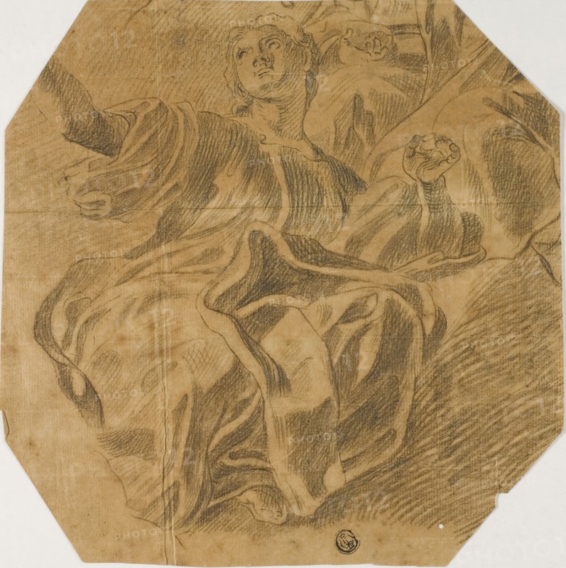 Seated Allegorical Female Figure, n.d., Possibly Lorenzo de’ Ferrari (Italian, 1680-1744), Possibly after Giovanni Battista Gaulli (Italian, 1639-1709), Italy, Black chalk on tan laid paper, 224 x 222 mm