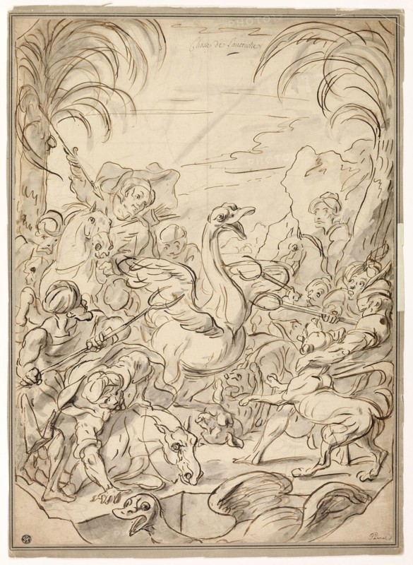Ostrich Hunt, n.d., Charles Parrocel (French, 1688-1752), or Charle van Loo (French, 1705-1765), or Joseph Francois Parrocel (French, 1704-1781), France, Brush and brown ink, with gray and brown wash, over graphite on cream laid paper, laid down on cream board, 556 × 402 mm