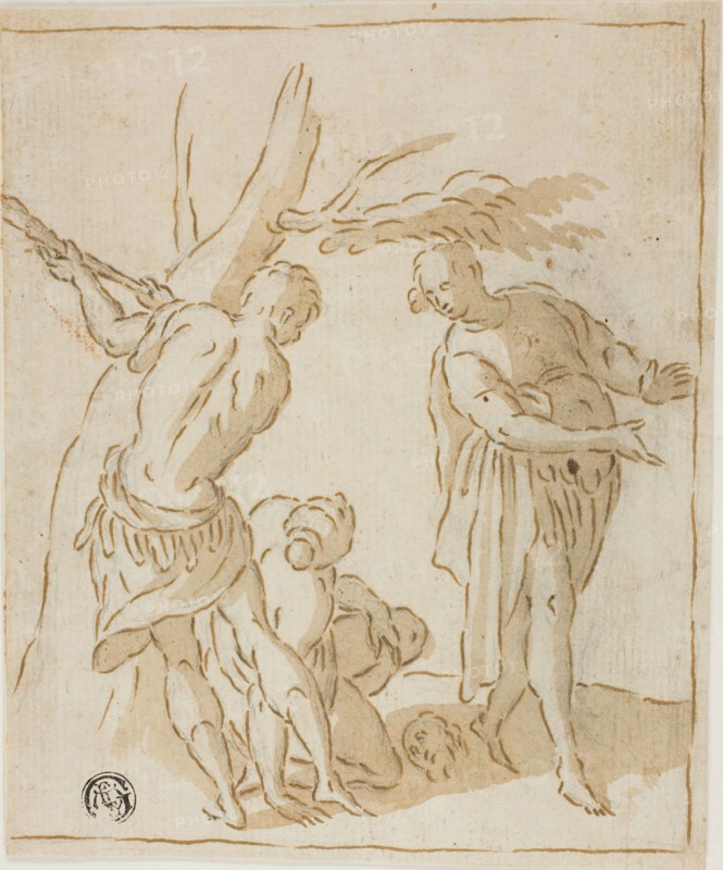 Three Figures with Severed Head on Ground, 1600/20, Circle of Marcantonio Bassetti, Italian, 1586-1630, Italy, Pen and brown ink with brush and brown wash, over graphite, on cream laid paper, laid down on buff laid paper, 162 x 135 mm (max.)