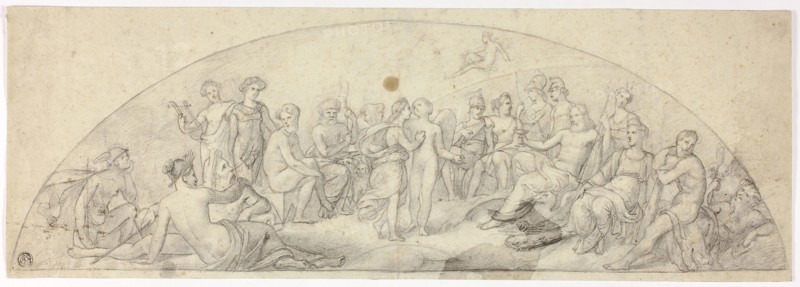 Wedding of Cupid and Psyche on Mount Olympus, c. 1850, Unknown Artist, English, 19th century, England, Pen and black ink and black chalk, with incising, on cream laid paper, 172 × 497 mm